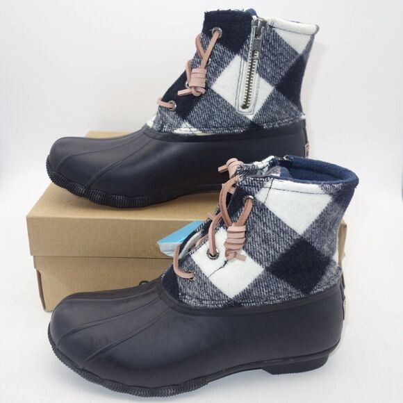 NEW Sperry Saltwater Cozy Wool Navy Blue Plaid Duck Winter Boots Women's 6 - Picture 1 of 9